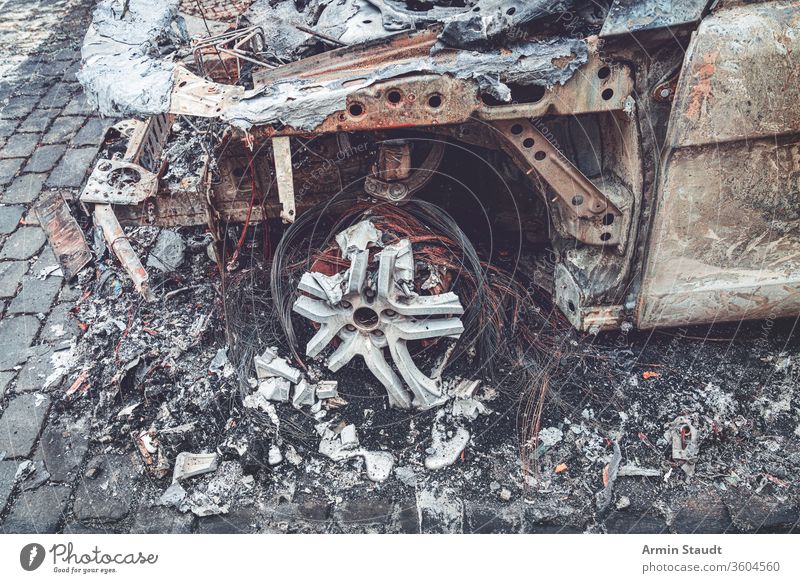 Detail of a completely burned out car, Berlin Germany accident attack Destruction background berlin blaze broken burning city crime damage danger dangerous