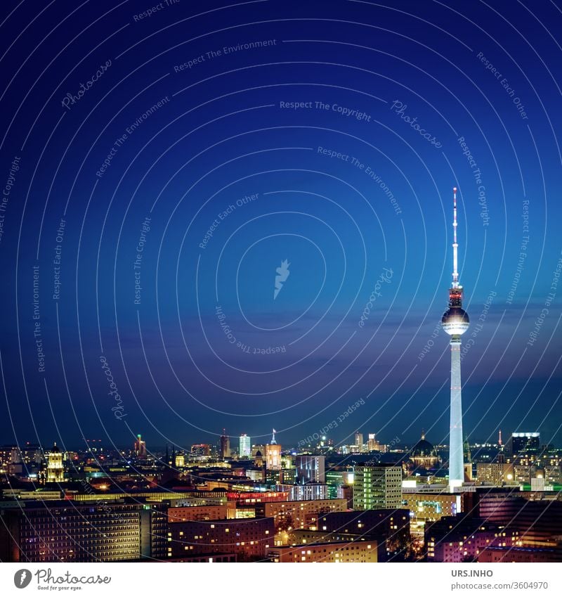 blue night sky over the shining city Night Tower Berlin Television tower Night shot clearer Exterior shot Long shot Blue houses built Landmark Berlin TV Tower