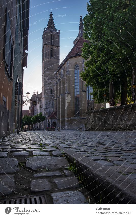 Rothenburg ob der Tauber, frog's-eye view of St. Jakosbkirche Calm Idyll half-timbered romantic Little town idyllic Empty Church out natural romantic street