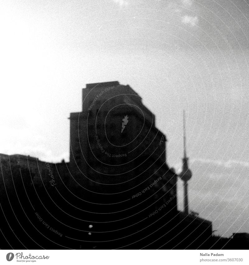 View from Straußberger Platz to Berlin television tower and House of the Child Analogue photo Black & white photo Straußberger Square Television tower