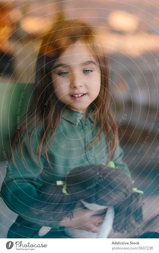 Cute girl with soft toy at home adorable child doll kid charming cozy childhood chair cute cheerful relax innocent sit rest comfort interior preteen enjoy