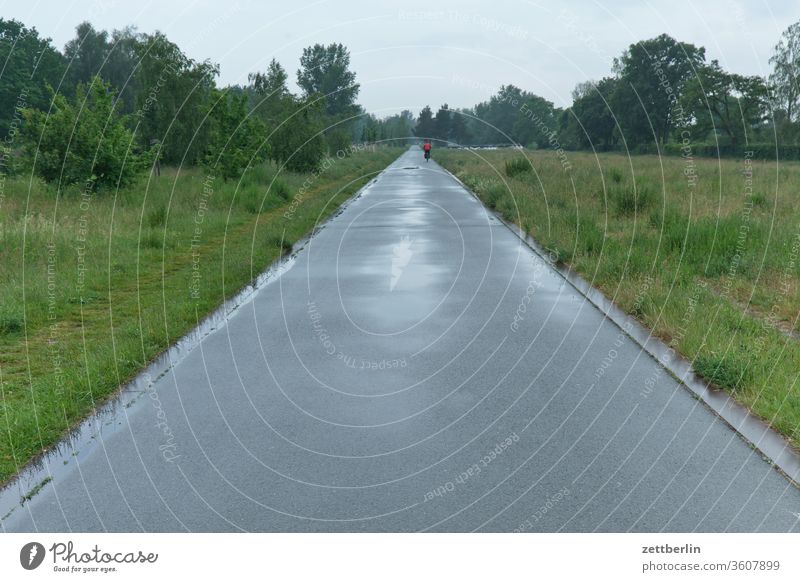 Way home after the rain Berlin Cycle path cycle path urban off Asphalt Park baluschek park berlin schöneberg southern area Direct wide Far-off places Horizon