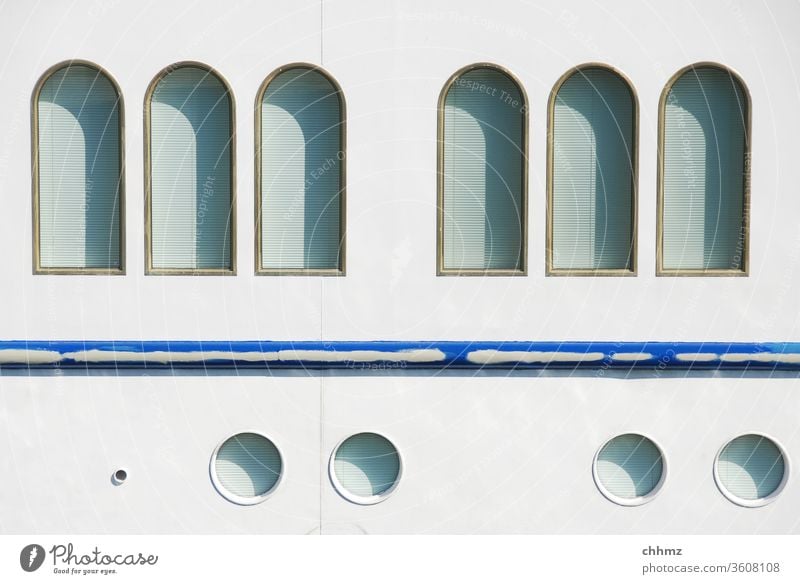 Ship facade ship Navigation Exterior shot Watercraft Harbour river cruise Porthole White Blue Maritime Metal Cruise Tourism Vacation & Travel Boating trip