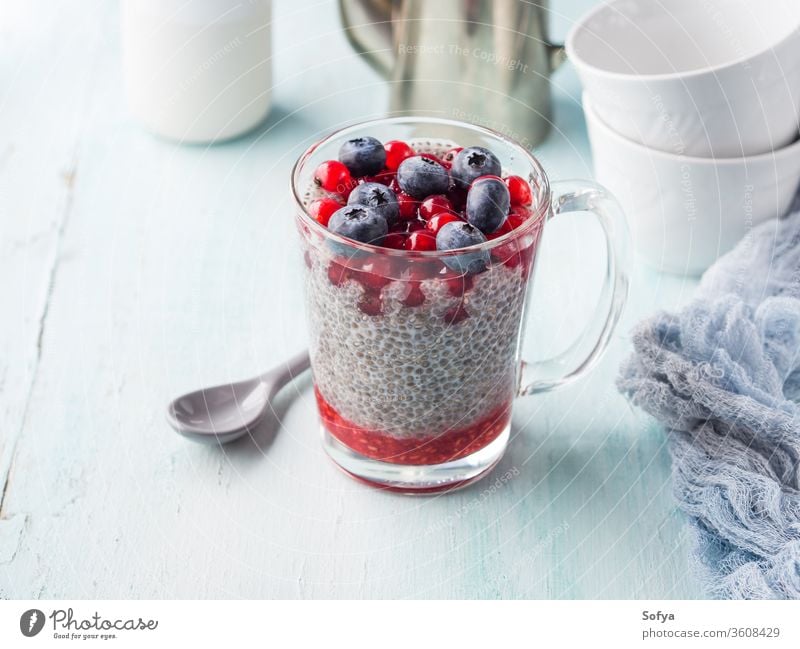 Almond milk chia pudding with fresh berries berry breakfast chia seeds dessert food plant based glass vegan snack diet healthy plant milk organic vegetarian