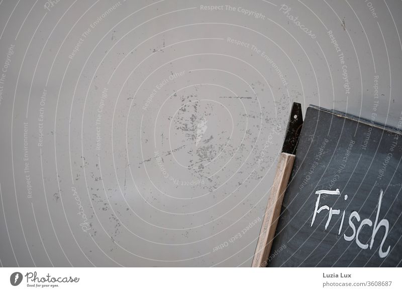 Fresh - an incipient writing down on a blackboard leaning against a dirty wall Blackboard Chalk Wall (building) Scratch mark Old Gray unfinished Colour photo