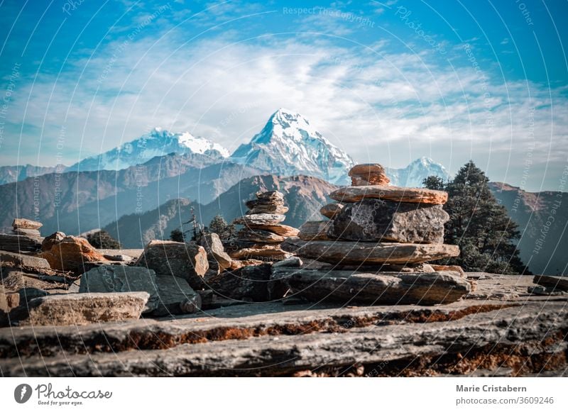 Cairn rock formation along the trail to Annapurna Base Camp in Ghorepani Poon hill in Nepal trek to annapurna annapurna base camp travel destination nepal