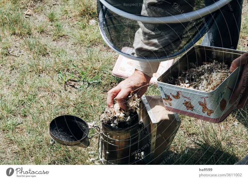 Beekeeper prepares a Smoker Bee-keeping Bee-keeper keep beekeepers Honey honey production organic farming ecologic Honey bee Food Healthy Summer Apiary Beehive