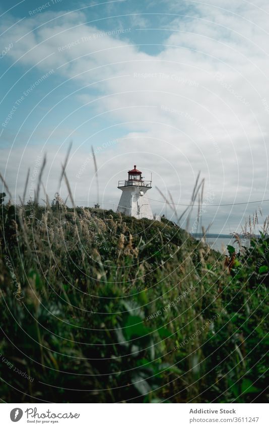 Lighthouse on green cliff near sea lighthouse shore sky cloudy travel landscape peggys cove canada famous nature scenic destination building weather navigate