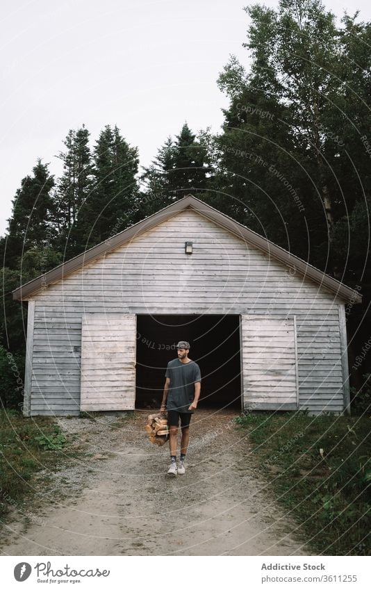 Man carrying pile of fuel wood walking out of woods cabin man firewood store heap stack forest activity travel quebec canada la mauricie national park rustic