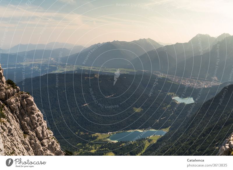 View from Gamsanger to Frechen, Lautersee and Mittenwald Alps mountains Mountain Peak Rock Lake Town Summer Beautiful weather Landscape Environment Sky Clouds