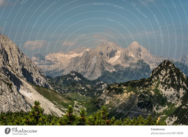 Alpine scenery Mountains and mountain ranges Landscape Environment Nature traipse Rock Peak Alps Sky Horizon Clouds Summer snowfields Plant Blue Green Gray