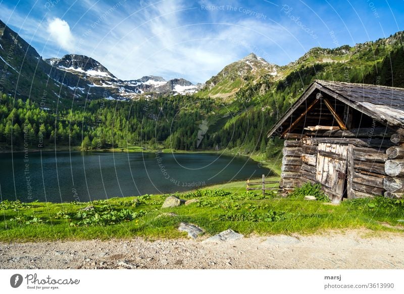 Old hut at the Duisitzkar lake Mountain lake Duisitz Lake Alps Nature Tourism Vacation & Travel Hiking Calm Trip Alpine pasture Uniqueness Alpine hut