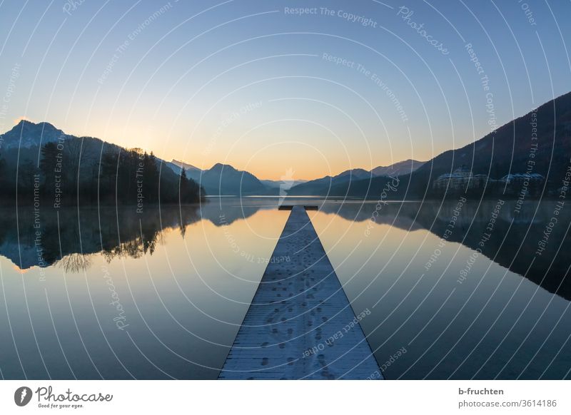 Dawn at the mountain lake, winter Lake Footbridge wooden walkway reflection Winter Tracks chill Alps tranquillity Calm relaxation Water Landscape Nature