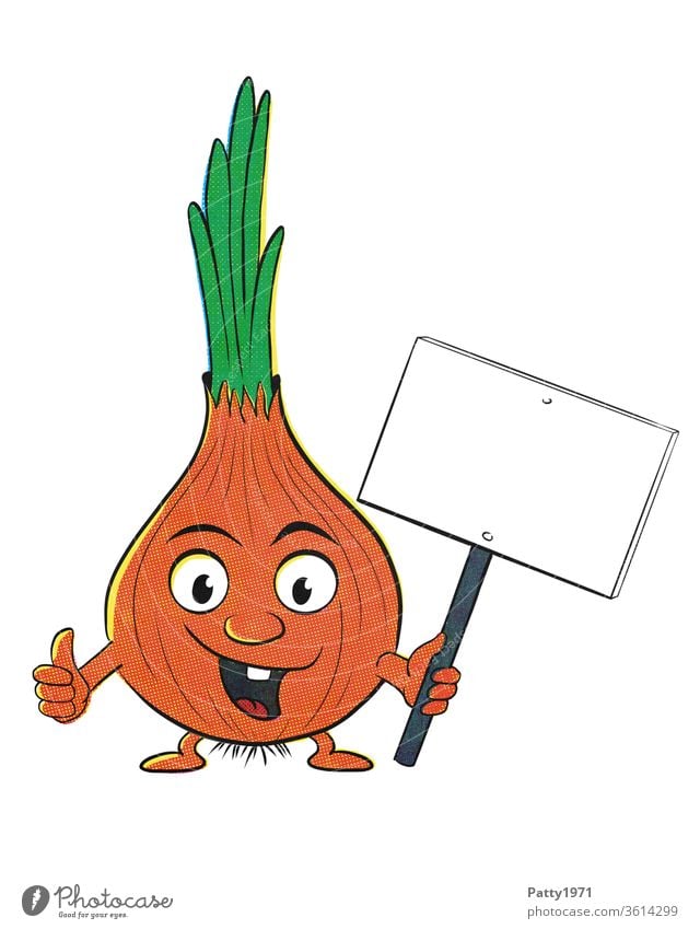 Funny, laughing cartoon onion figure, isolated in front of a white background holding an empty sign in his hand and thumbs up Onion Cartoon Comic illustration