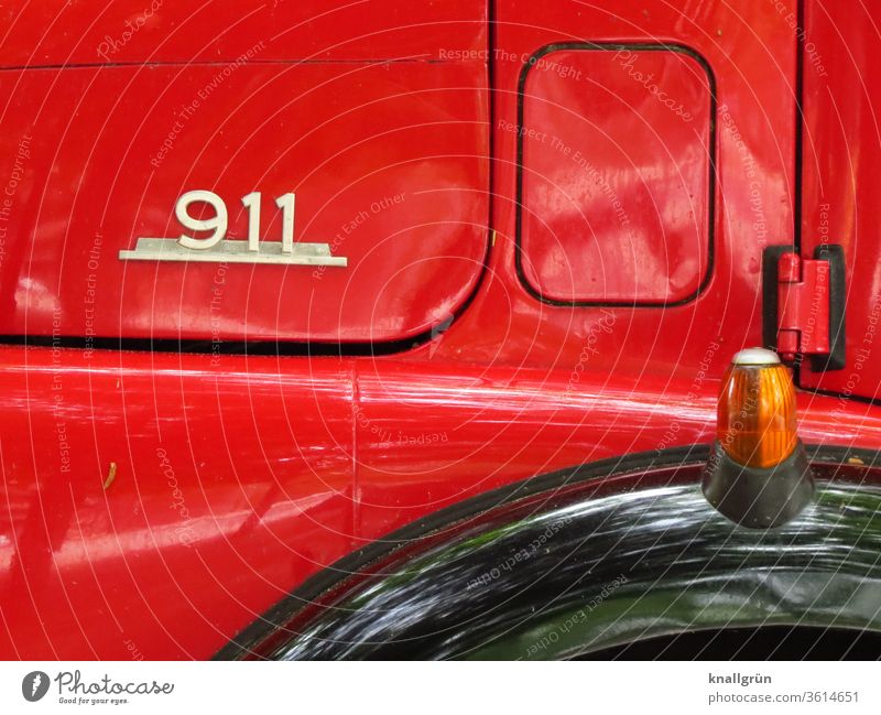 Close-up Mercedes Benz 911 fire engine Vintage car Fire engine Red Vehicle Detail Retro Car Old Nostalgia Design Chrome Day Exterior shot Deserted