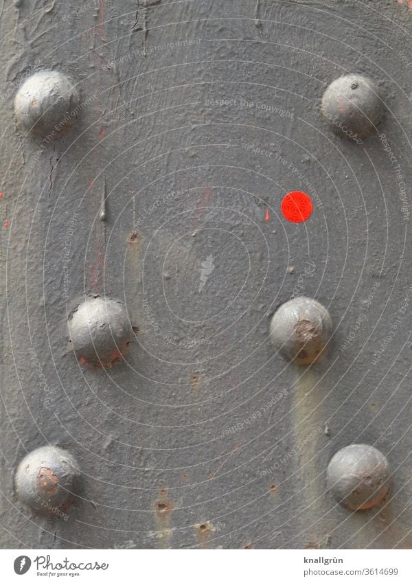 Detail of a steel beam with six rivets and a red dot Steel carrier Point Abstract Stud Metal Round Gray Red signal red frowzy Dirty Pattern