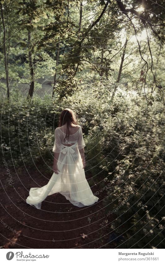 forest dance Woman Young woman Human being Dress Wedding dress White Green Back Long-haired Forest Tree Bushes Day Back-light