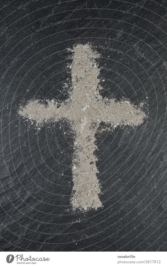 Ash cross on Ash Wednesday on slate slab | Symmetry Crucifix ash religion religious Christian Christianity Belief symbol symbolic Sign Transience Death