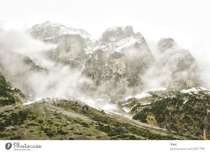 Stubai Vacation & Travel Mountain Hiking Nature Landscape Sky Clouds Bad weather Fog Snow Bushes Hill Rock Alps Snowcapped peak Tall Cold Steep Colour photo