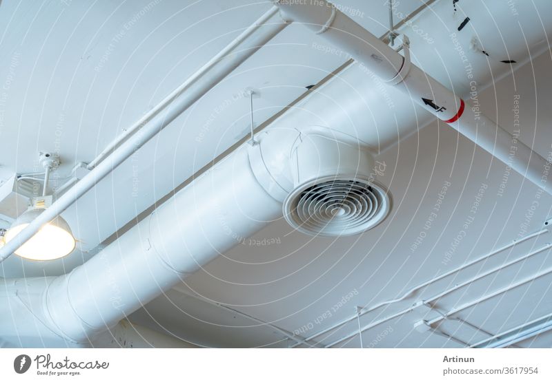 Air duct, wiring and plumbing in the mall. Air conditioner pipe, wiring pipe, and plumbing pipe system. Building interior concept. abstract aeration air