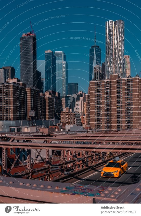 Modern skyscrapers seen from city bridge new york skyline street road building modern architecture cityscape urban district downtown metropolis travel transport