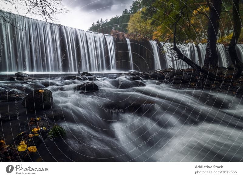 Beautiful waterfall in autumn forest river stream flow landscape rocky cloudy gloomy picturesque scenery rapid nature tree environment scenic wild foliage