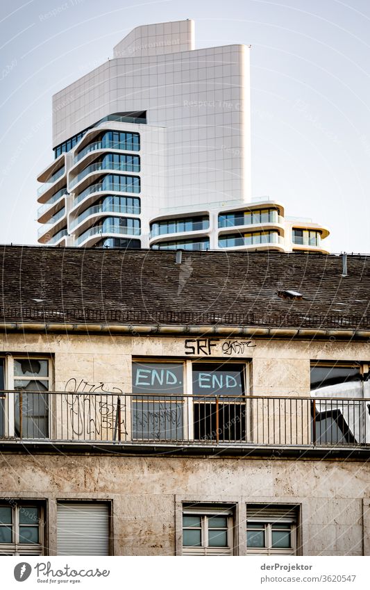 Architectural contrasts Station district of Frankfurt Architecture built Mirror Window Town Neutral Background mainhattan Exterior shot Copy Space top