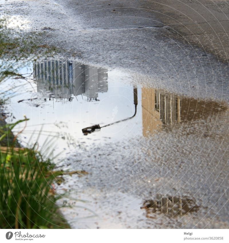 Reflection of buildings and a street lamp in a puddle on the asphalt Puddle reflection built High-rise Lantern streetlamp Asphalt Street Grass Sunlight Water