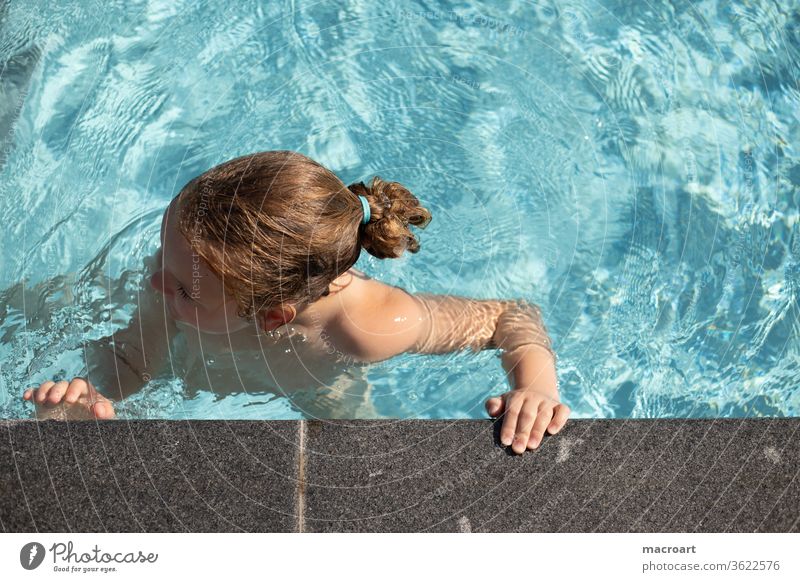 swimming in the pool bathing season Beginning Swimming pool swimming pools girl Stand feet . feet Dress Blue Sky blue bathe chill Holiday season warm