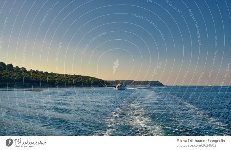 Boat trip in the evening light Croatia Istria Ocean boat Boating trip Water Waves ship bank Sky Evening Sun sunshine Nature Landscape vacation Tourism Tourists