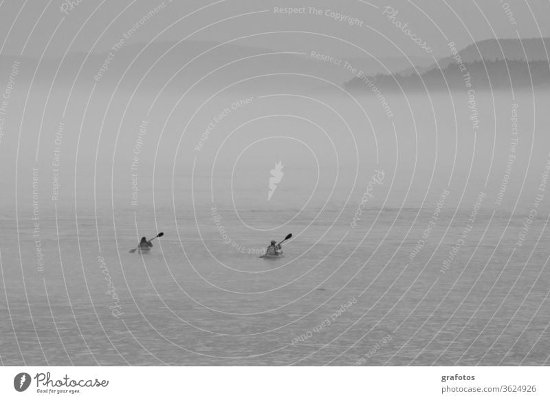 Lonely kayaks in the fog black-and-white White Black Canoe Sports Loneliness togetherness Sports Training North by oneself Water Ocean Canoeing in pairs