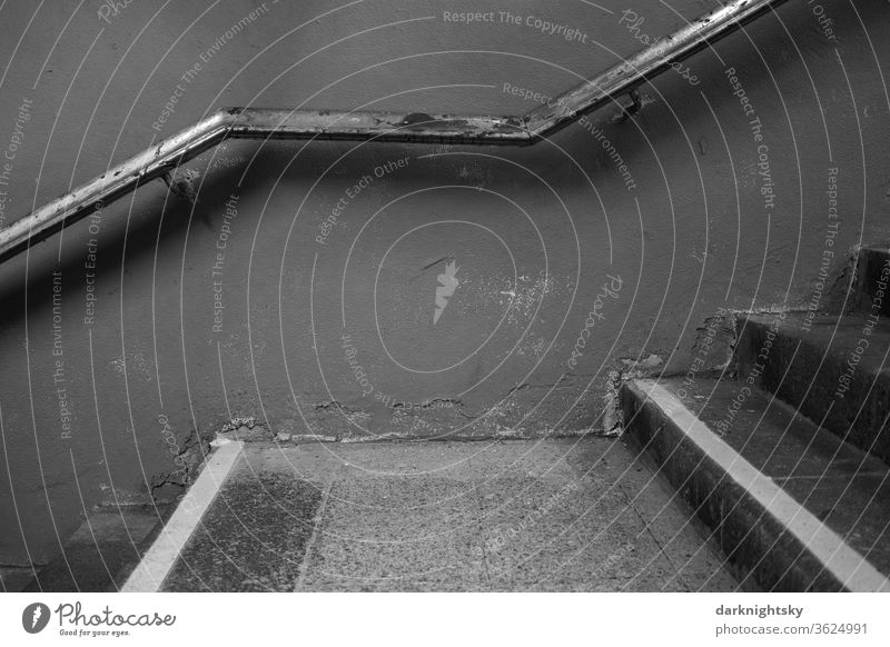 Old staircase with railing Stairs Staircase (Hallway) construction Nature Planning Redevelop Architecture Banister Upward Handrail Go up Deserted Descent Level