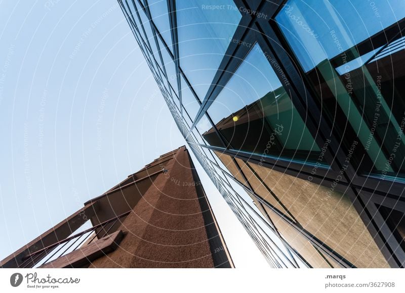 glass façade Architecture Office building downtown Modern reflection High-rise Tall Cloudless sky Worm's-eye view Above Ambitious Vanishing point