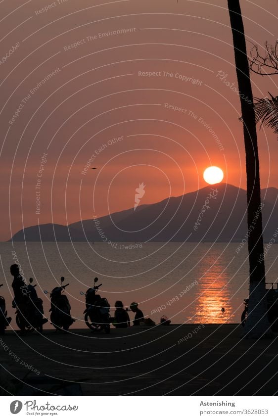 Sun in the morning at the beach of Nha Trang, Vietnam moped Sunrise hillock mountain Ocean Shadow Light ocean Mofa reflection Sphere Bright Morning