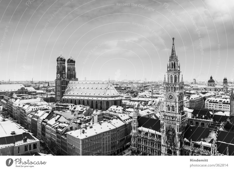 LOCAL COLORIT | Postcard Minga II Clock Sky Clouds Munich Town Capital city Old town Pedestrian precinct Populated House (Residential Structure) Church