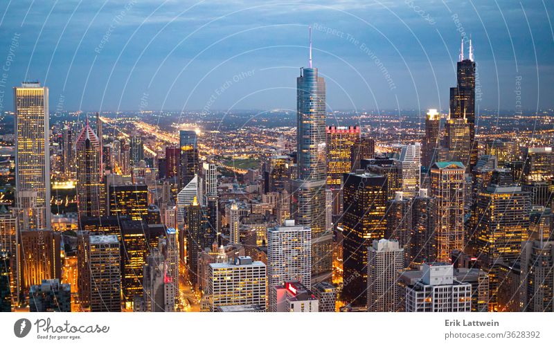 Chicago from above - amazing aerial view in the evening city skyline architecture Illinois downtown urban cityscape usa skyscraper sunset reflection river blue