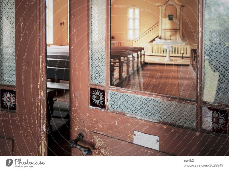 Church admission door Church door Entrance Front door gate Glass Old Wood door handle fissure half-opened Appealing Sanctuary Nave Altar pulpit Window