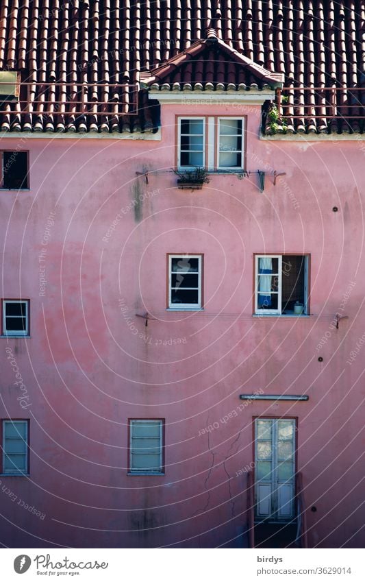 pink painted façade with windows, tiled roof and a dormer Facade Window door Pink Roof Dormer dachgaupe Weathered Authentic dwell living space Rent