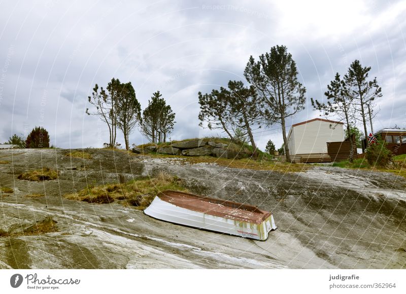 Norway Environment Nature Landscape Clouds Tree Hill Rock Coast House (Residential Structure) Hut Rowboat Natural Moody Loneliness Calm Living or residing