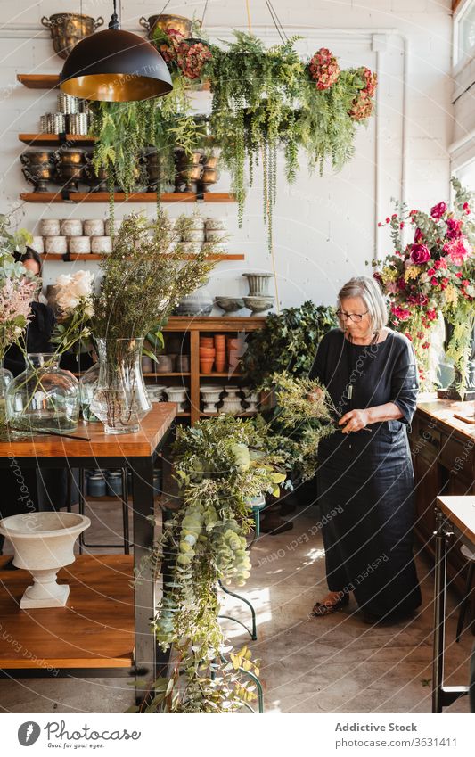 Mature woman arranging flowers in shop floristry bouquet green plant create choose compose arrange designer decorative female creative work occupation