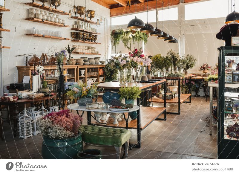 Interior of modern flower store interior design floristry shop floral workshop style spacious decor shelf decoration plant retail creative workplace bouquet