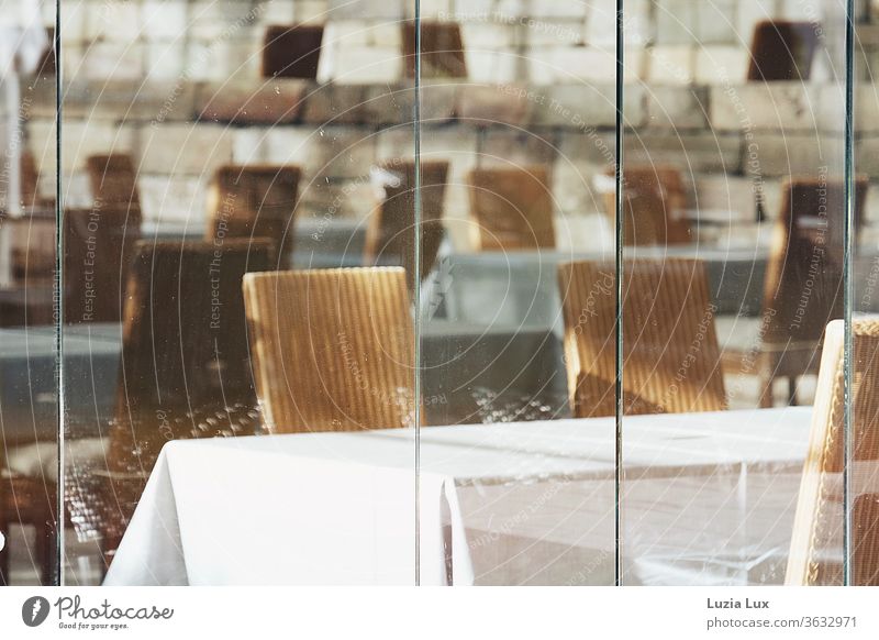 The café will remain closed... a view through the dirty windows, at least in sunlight Café Window Window pane tarnished Glass Slice Pane Transparent Reflection