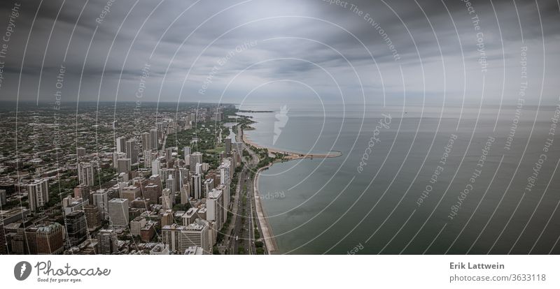 Lake shore of Chicago - aerial view city skyline architecture Illinois downtown urban cityscape usa skyscraper sunset reflection river blue building tower