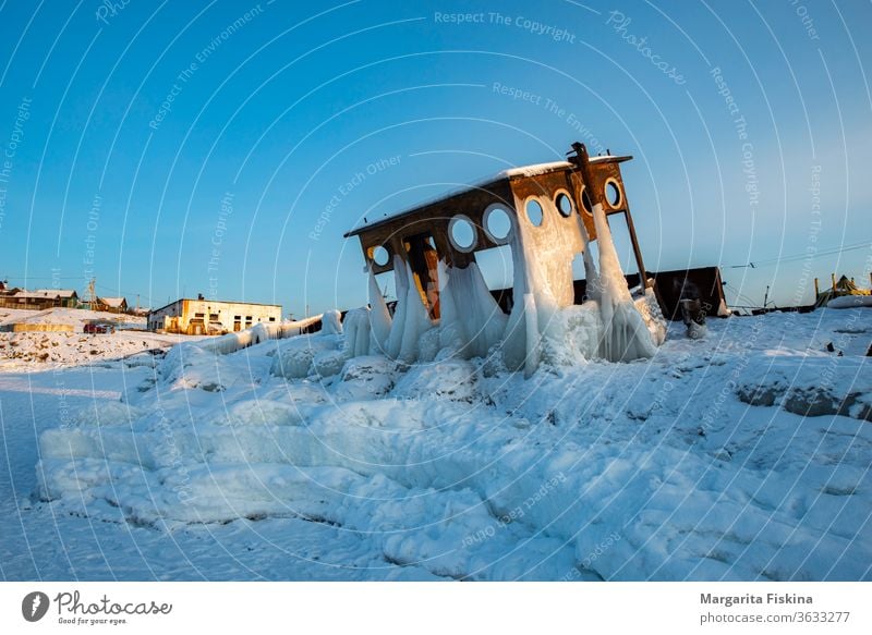 Old barge on the island of Olkhon on Lake Baikal. Only the cabin is visible. abandoned background baikal beach blue boat broken building business coast cold