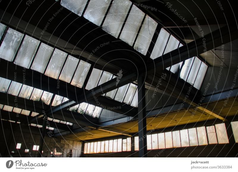 Symmetry hall roof Past Column Wide angle Transience Change lost places Vacancy Ravages of time GDR Shaft of light Derelict Structures and shapes Silhouette