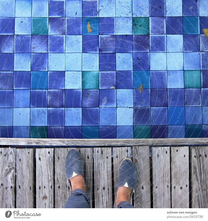 view in blue-green blue Mosaic Footbridge foot Blue Water water feature Well leaves purple Summer Drops of water Movement Inject Fountain Light Reflection Wet