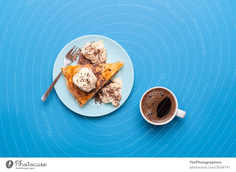 Apple pie with ice cream and cup of coffee. Top view of apple tart slice 4 july above view american apple pie autumn bakery blue background breakfast cake