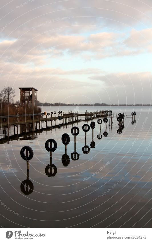 Hibernation at the Dümmer See | Symmetry Lake Harbour investor Footbridge reflection Water Tower dormant tranquillity silent Sky Clouds Moody tree Landscape