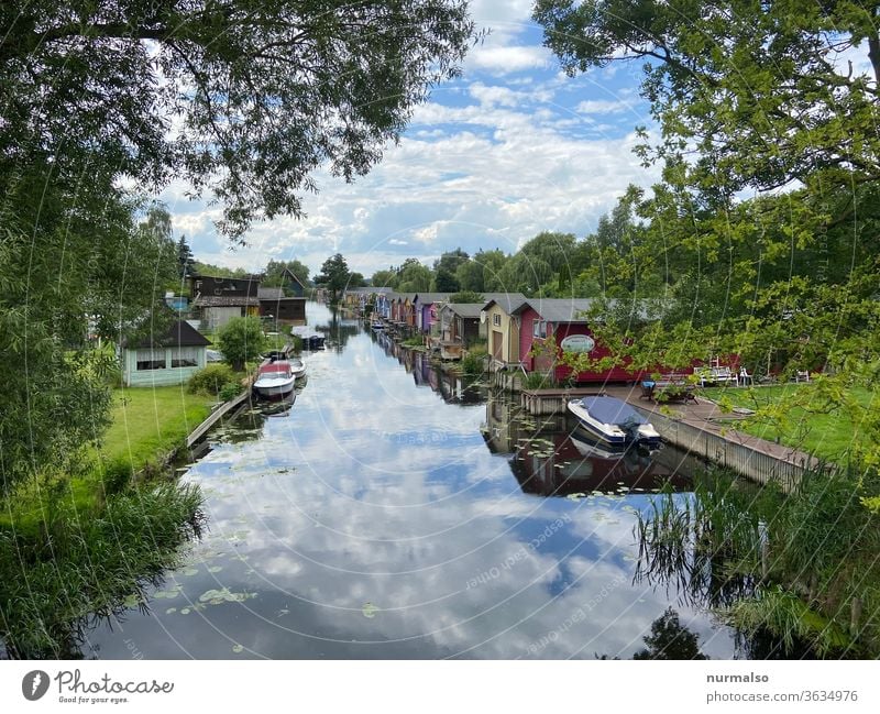 River Idyll boat Boathouse Mecklenburg vacation Summer reflection Motorboat idyll re-calibrate Mecklenburg Switzerland