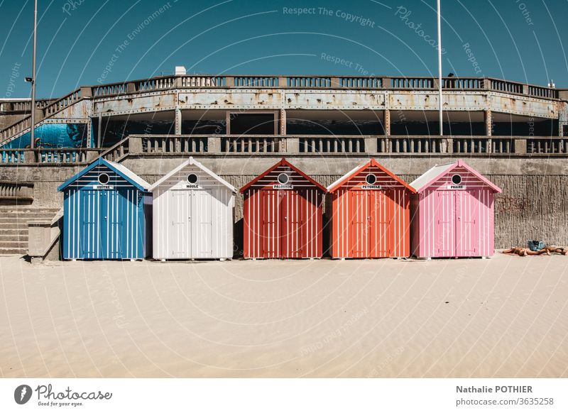 Each cabin on the coast beach Coast SEA sand colors Beach Sand Ocean Tourism Sky Vacation & Travel Landscape blue red orange pink white pier touristic